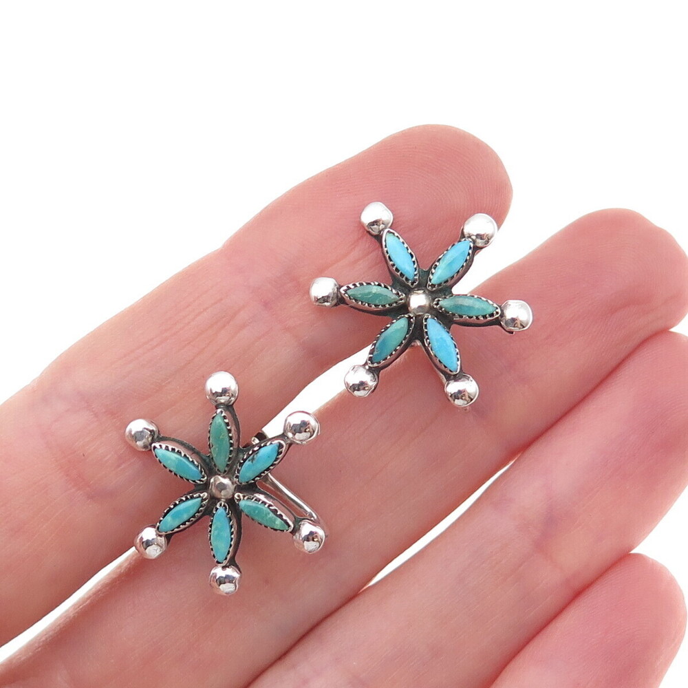 Old Pawn 925 Sterling Silver Vintage Turquoise Floral Tribal Screw Back Earrings